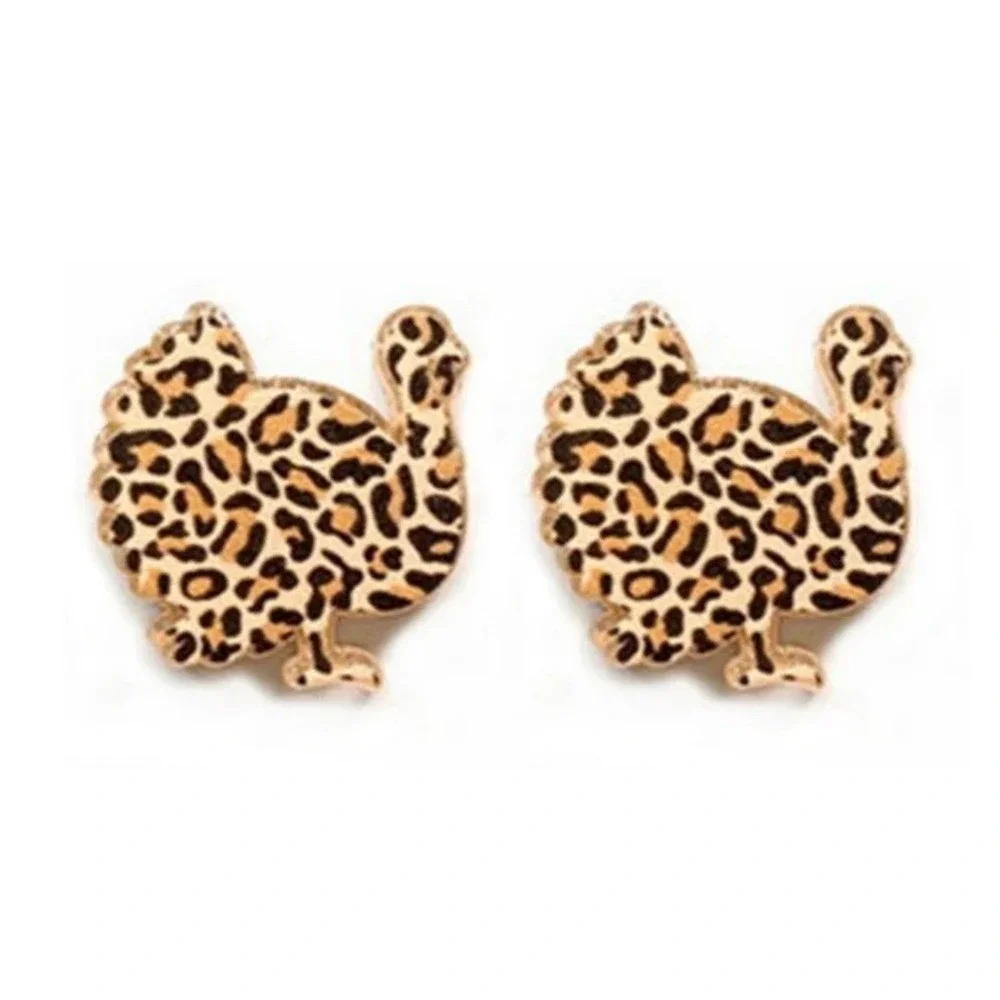 Turkey Stud Earrings Women OS Brown Leopard‎ Print Thanksgiving Jewelry